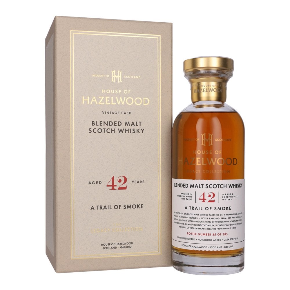 A Trail Of Smoke 42 Year Old House of Hazelwood luxury smoky Scotch whisky bottle for sale authentic