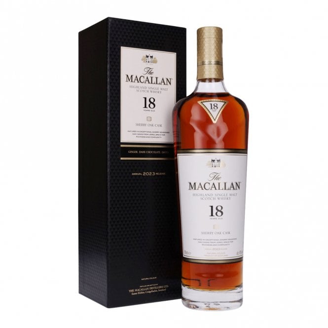 Macallan 18 Year Old Sherry Oak 2023 Release Speyside single malt Scotch whisky bottle for sale authentic