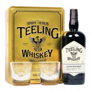 Teeling Small Batch gold tin gift set with 2 glasses Irish whiskey